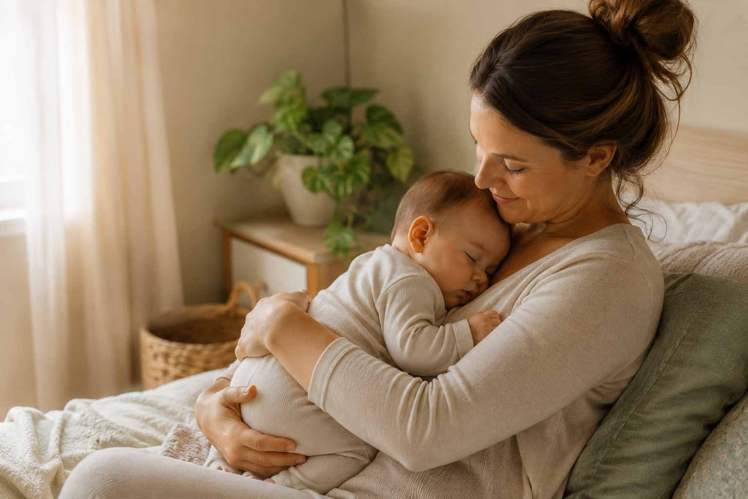 Mother cuddling her sleeping baby after a feed.