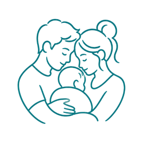 Parents cuddling their baby, representing family wellbeing and support.